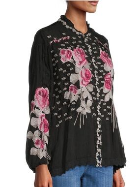 Johnny Was Black Blouse with Pink Rose Embroidery